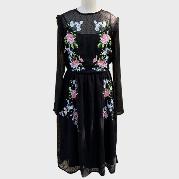 ASOS Floral Dress Black Sheer Embroidered 6 Tall - Picture 3 of 11